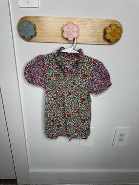 Mini Boden Floral Cotton Ruffle Collar Top for Kids - Multicolor